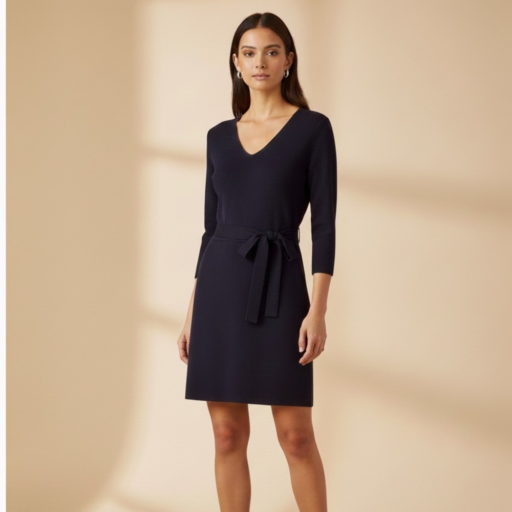 Le Mont St Michel Wool knit pleat french v neck belt tie navy dress Sz 8